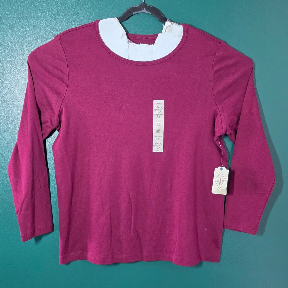 St Johns Bay Womens 2X Deep Ruby Red Long Sleeve Crew Neck Cotton T-Shirt NWT